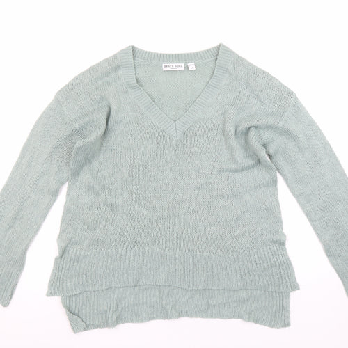 Brave Soul Womens Green V-Neck Knit Long Sleeve Pullover Jumper XS