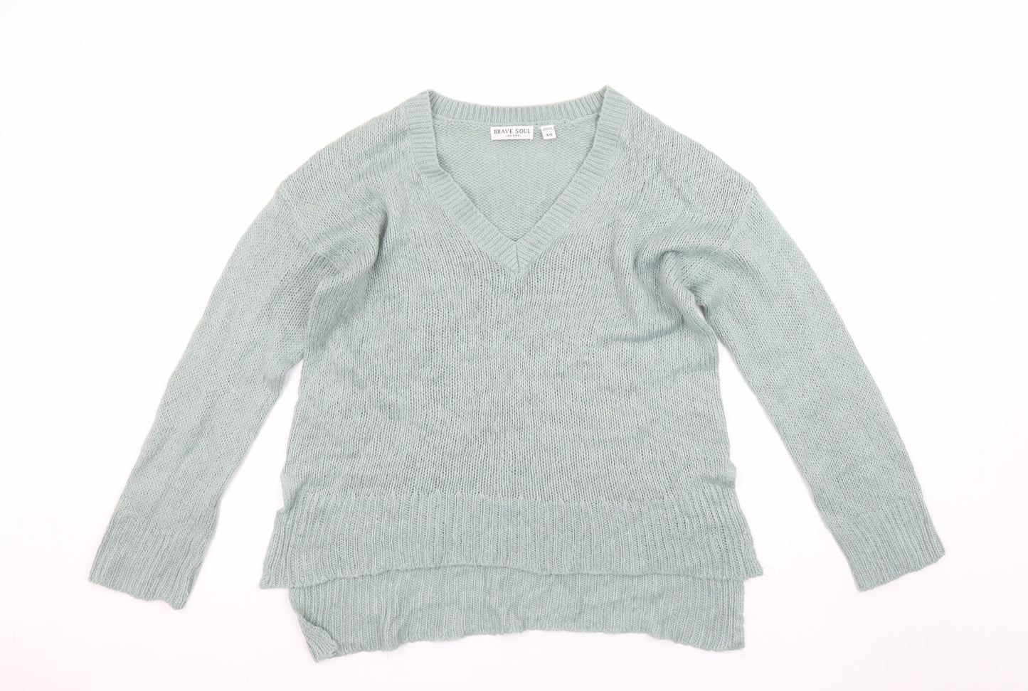 Brave Soul Womens Green V-Neck Knit Long Sleeve Pullover Jumper XS