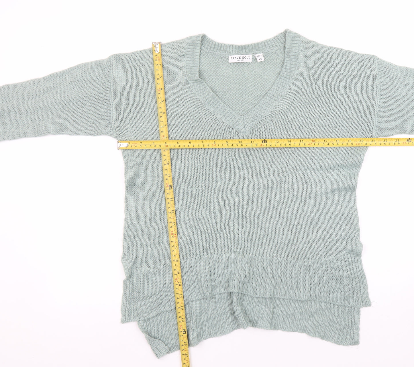 Brave Soul Womens Green V-Neck Knit Long Sleeve Pullover Jumper XS