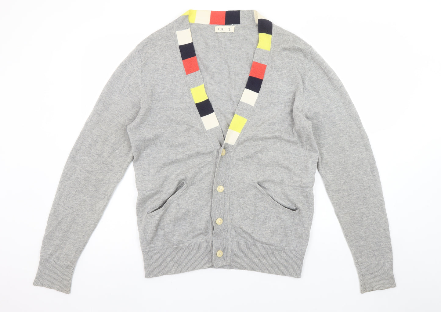 Folk Men's Grey Cotton Wool V-Neck Cardigan Size M