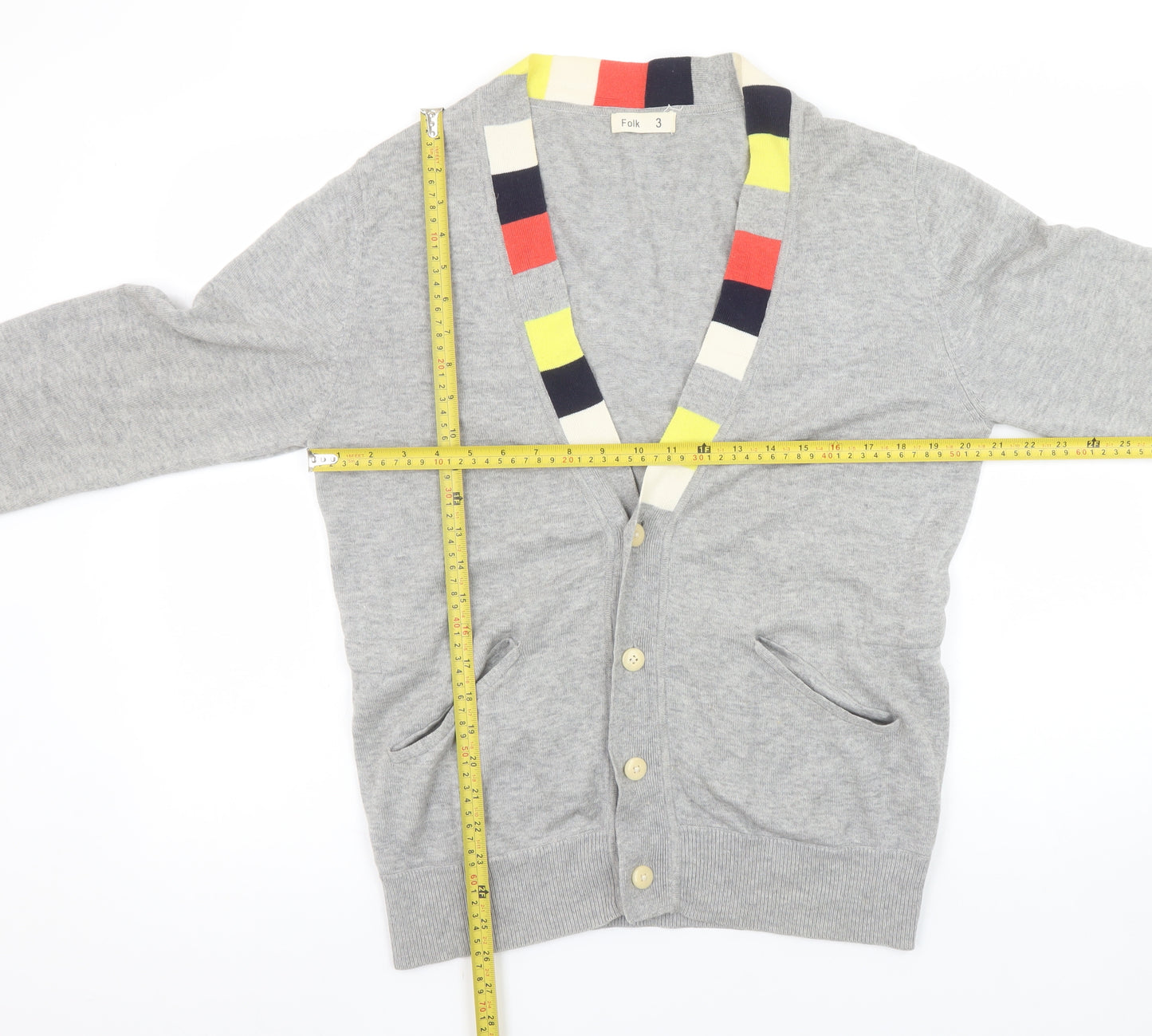 Folk Men's Grey Cotton Wool V-Neck Cardigan Size M