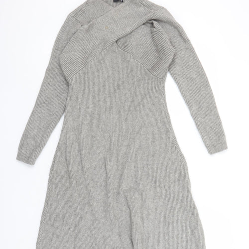 Styli Women Grey Long Sleeve Knit Sweater Dress Size L