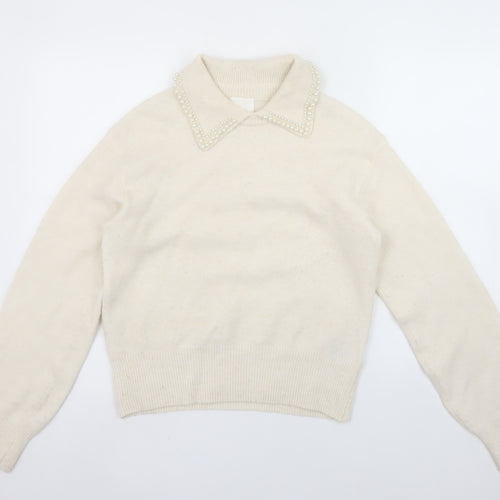 H&M Womens Ivory Beaded Collar Pullover Jumper XS