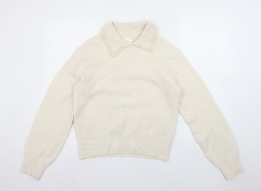 H&M Womens Ivory Beaded Collar Pullover Jumper XS