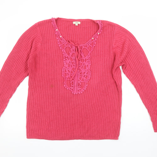 Cotton Traders Women’s Pink Crochet Neck Long Sleeve Knit Jumper Size 10/12