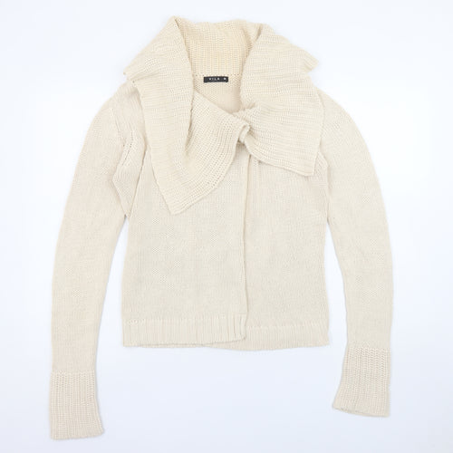 Vila Women Beige Cotton Chunky Knit Cowl Neck Cardigan M