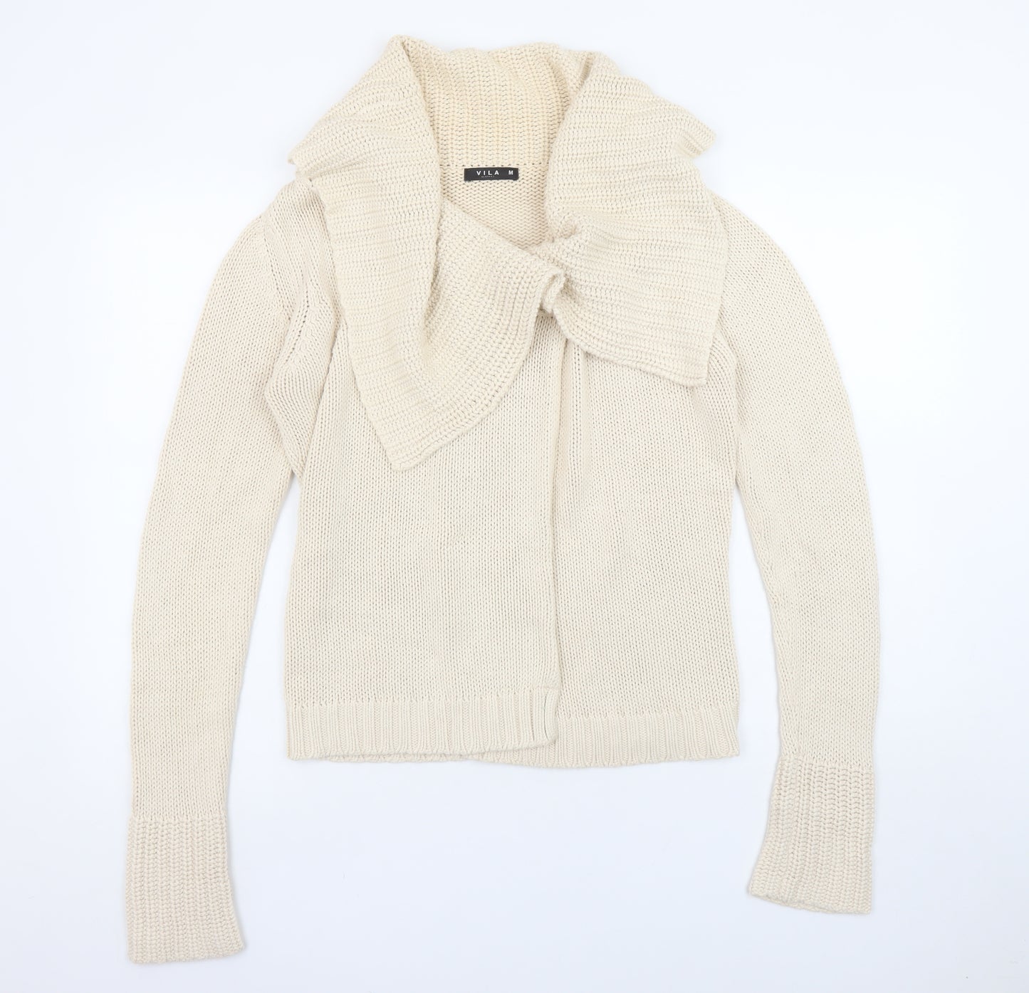 Vila Women Beige Cotton Chunky Knit Cowl Neck Cardigan M