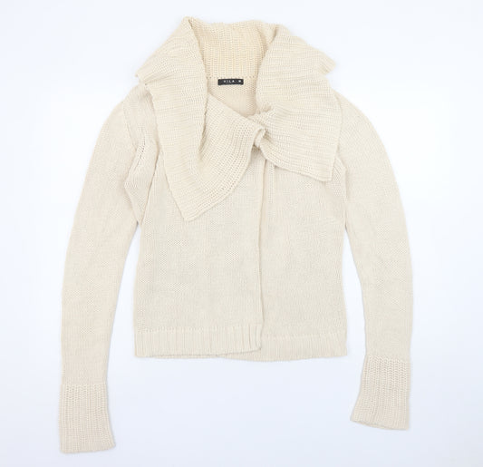 Vila Women Beige Cotton Chunky Knit Cowl Neck Cardigan M