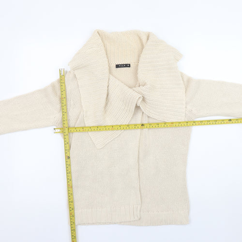 Vila Women Beige Cotton Chunky Knit Cowl Neck Cardigan M