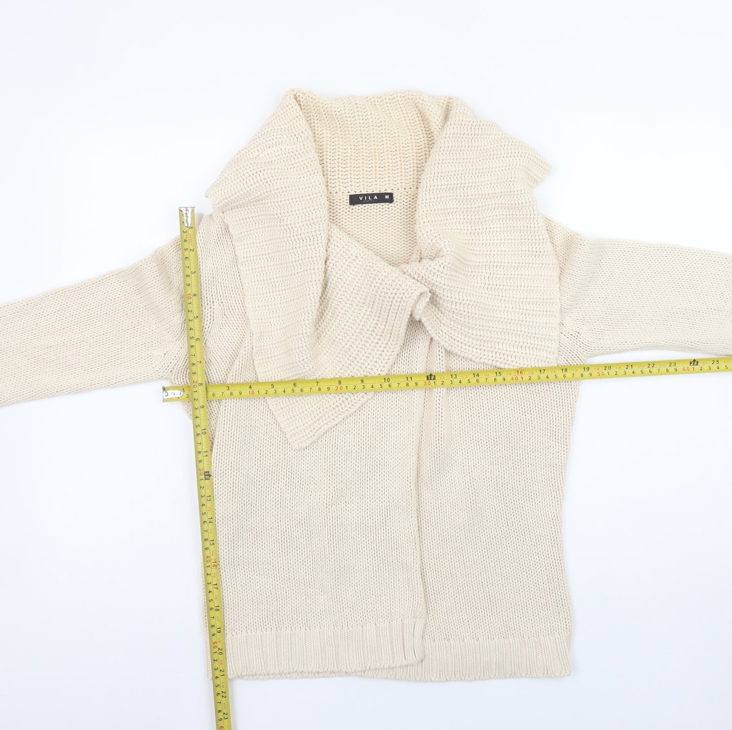 Vila Women Beige Cotton Chunky Knit Cowl Neck Cardigan M