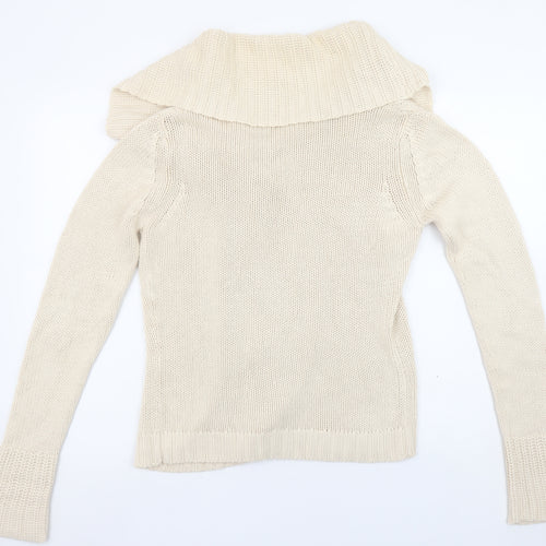 Vila Women Beige Cotton Chunky Knit Cowl Neck Cardigan M