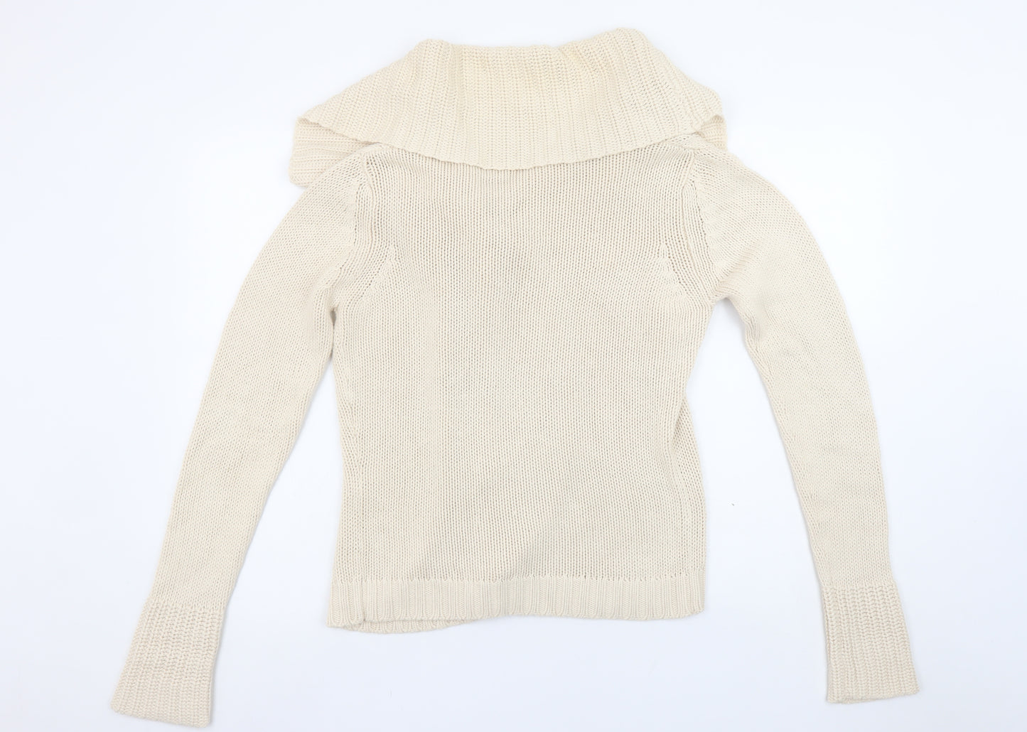 Vila Women Beige Cotton Chunky Knit Cowl Neck Cardigan M