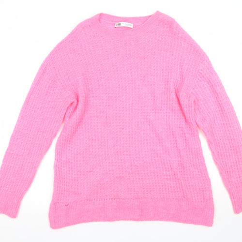 ZARA Women Pink Waffle Knit Mohair Blend Crew Neck Jumper Size M