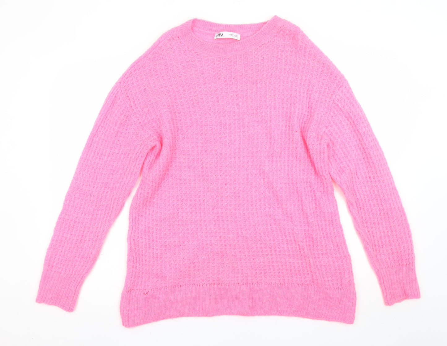 ZARA Women Pink Waffle Knit Mohair Blend Crew Neck Jumper Size M
