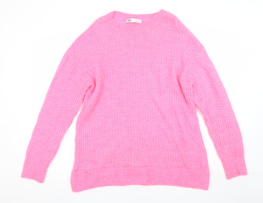 ZARA Women Pink Waffle Knit Mohair Blend Crew Neck Jumper Size M