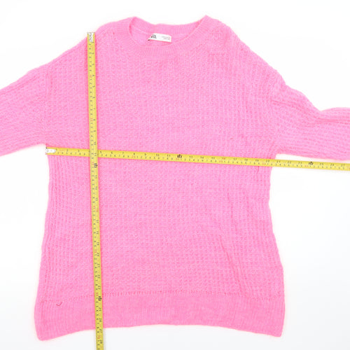 ZARA Women Pink Waffle Knit Mohair Blend Crew Neck Jumper Size M