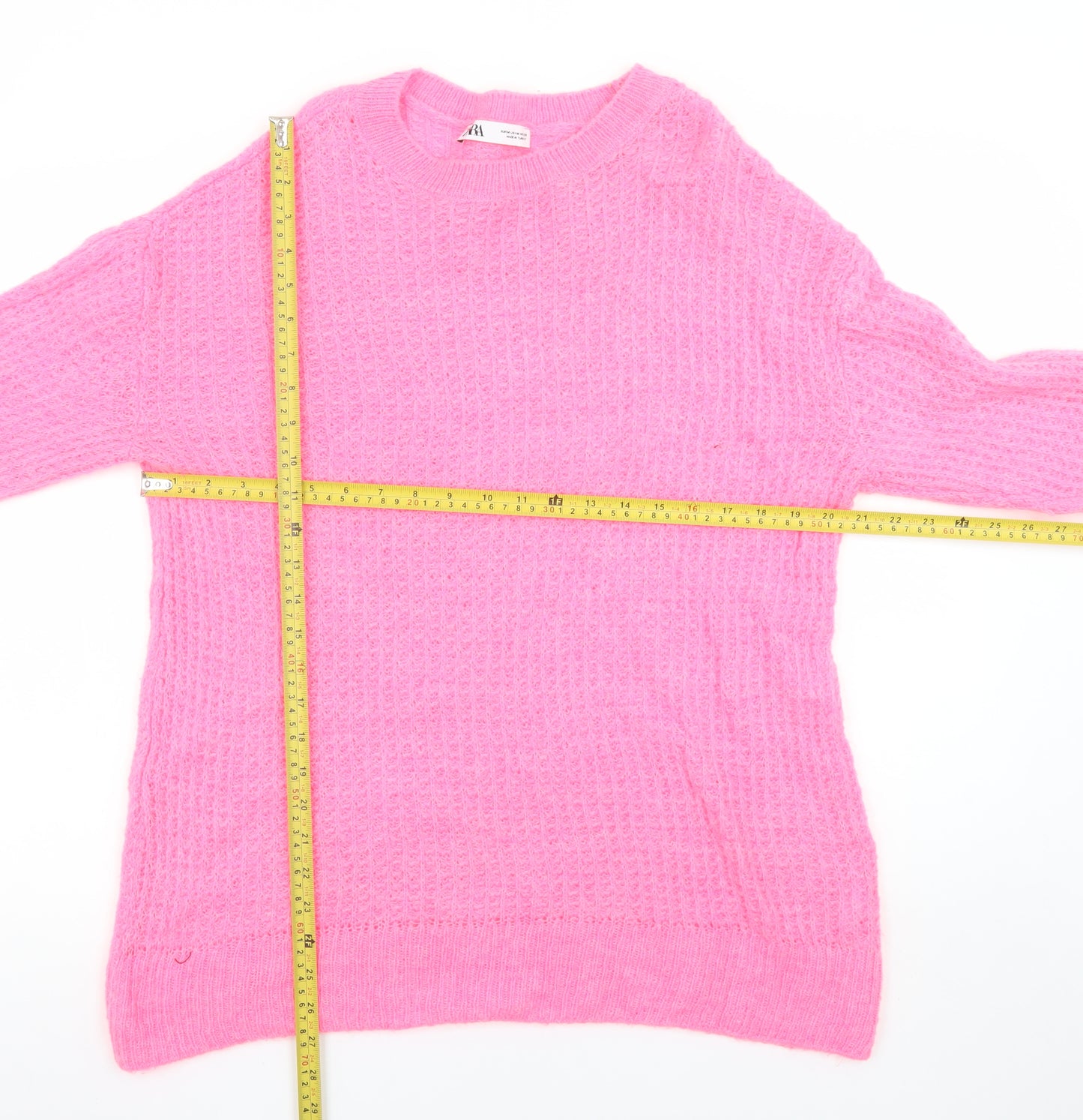 ZARA Women Pink Waffle Knit Mohair Blend Crew Neck Jumper Size M