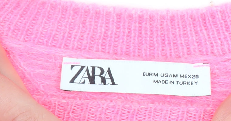ZARA Women Pink Waffle Knit Mohair Blend Crew Neck Jumper Size M