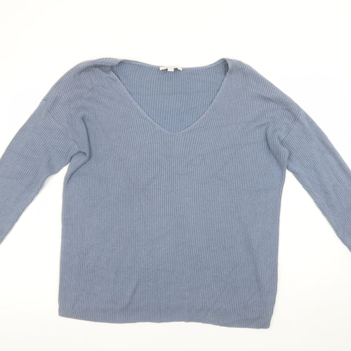 Great Plains Women’s Blue V-Neck Ribbed Knit Jumper Size 12