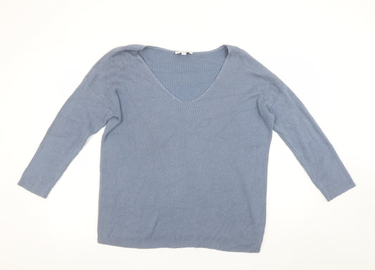 Great Plains Women’s Blue V-Neck Ribbed Knit Jumper Size 12