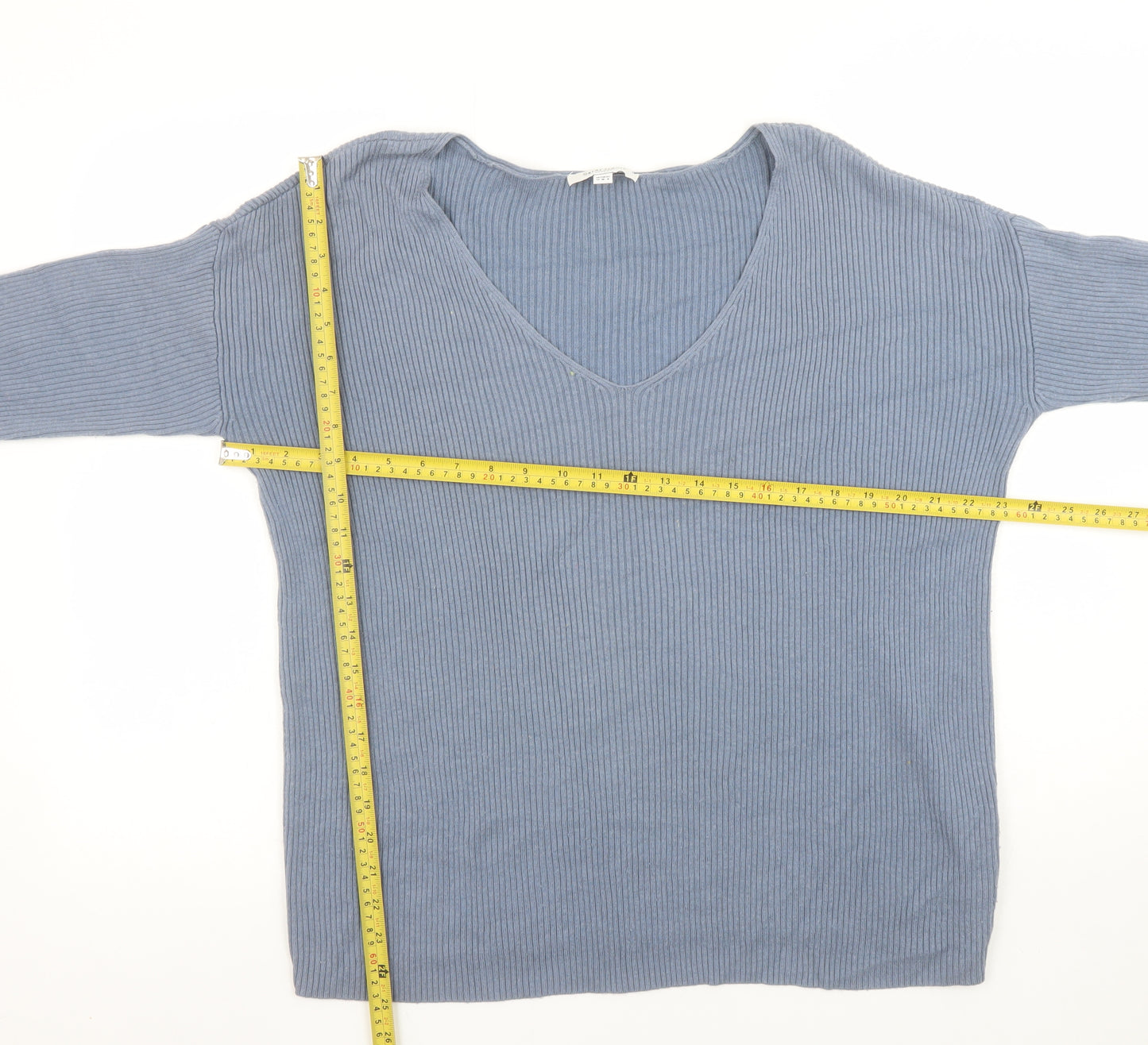 Great Plains Women’s Blue V-Neck Ribbed Knit Jumper Size 12