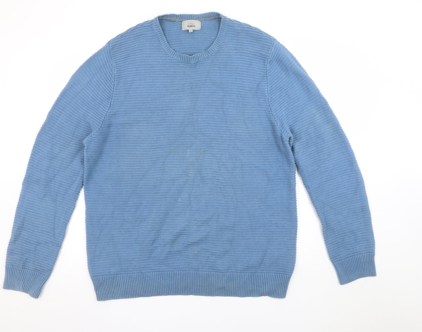 Marks and Spencer Men's Blue Cotton Crew Neck Jumper Size L