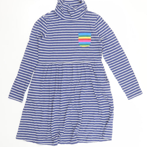 Boden Girls Blue Stripe Roll Neck Skater Dress 11-12 Years Cotton Jersey