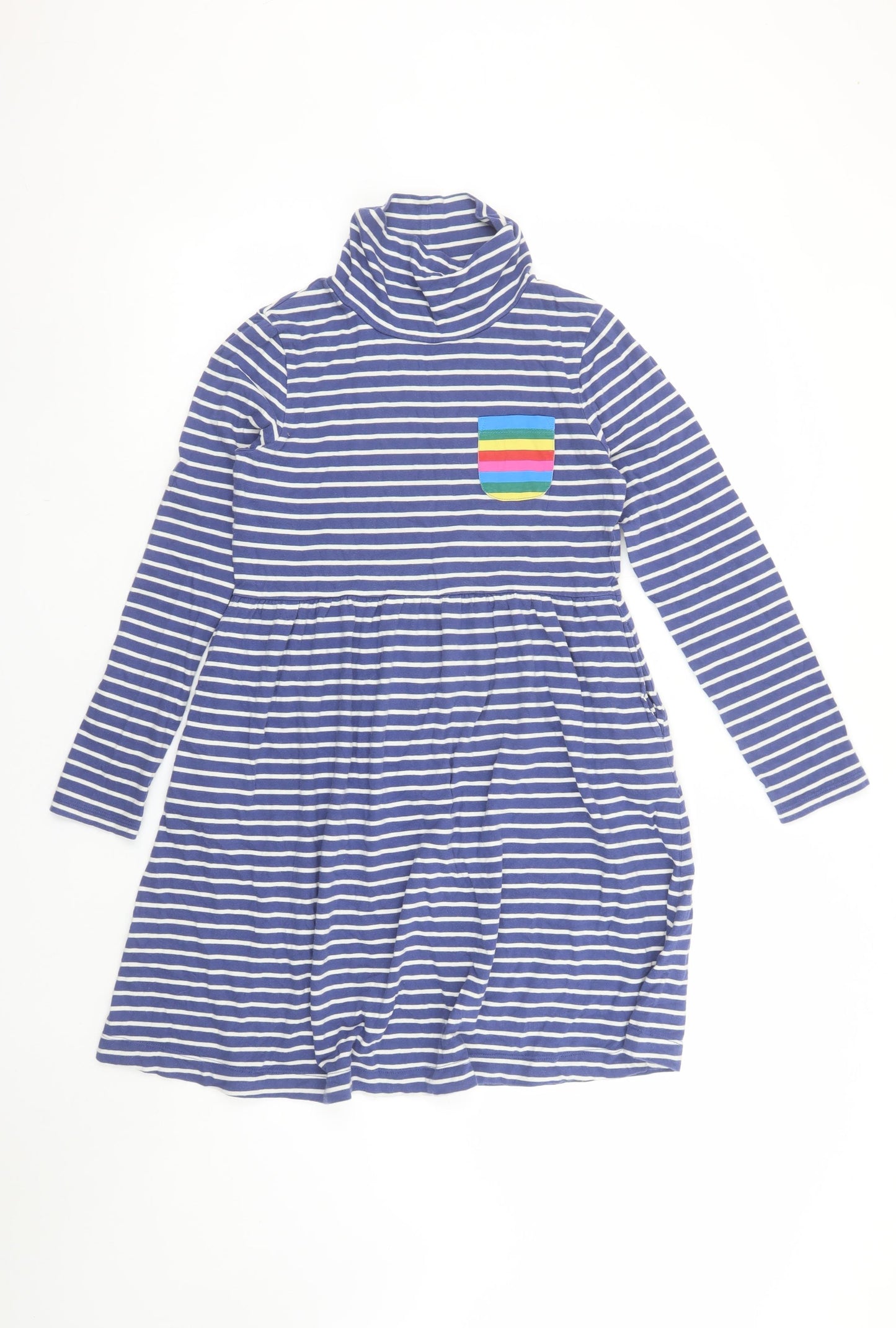 Boden Girls Blue Stripe Roll Neck Skater Dress 11-12 Years Cotton Jersey