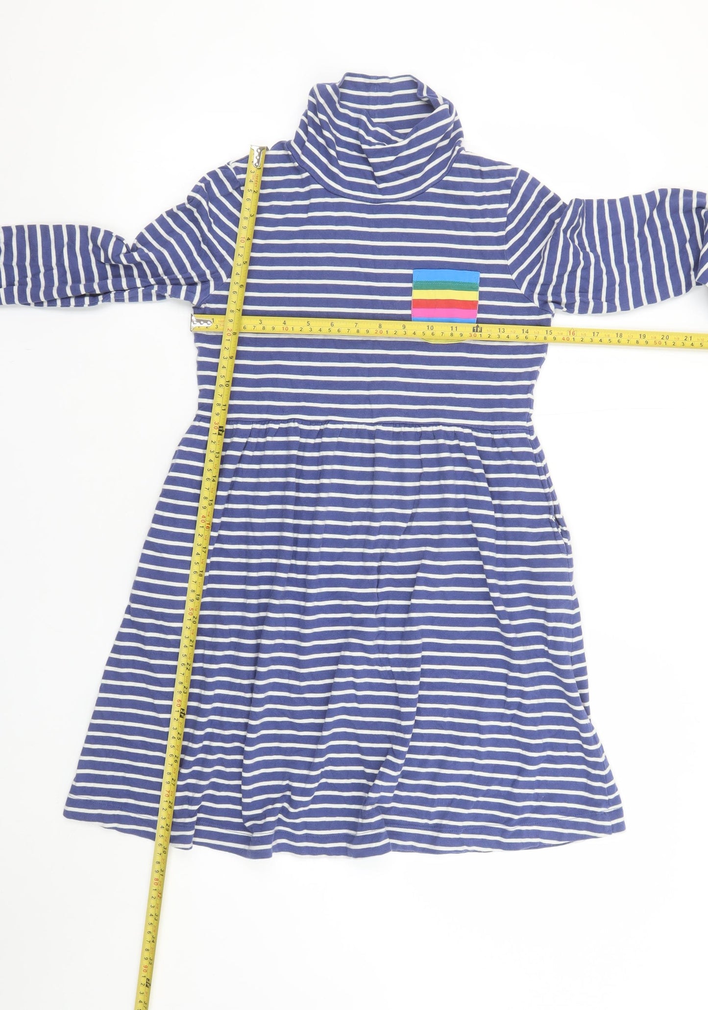 Boden Girls Blue Stripe Roll Neck Skater Dress 11-12 Years Cotton Jersey
