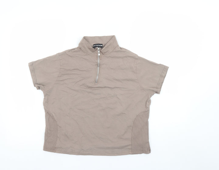 PrettyLittleThing Women's Beige XL High Neck Short Sleeve Zip Polo Top