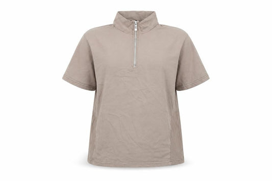 Front view of PRETTYLITTLETHING Women's Beige XL High Neck Short Sleeve Zip Polo Top