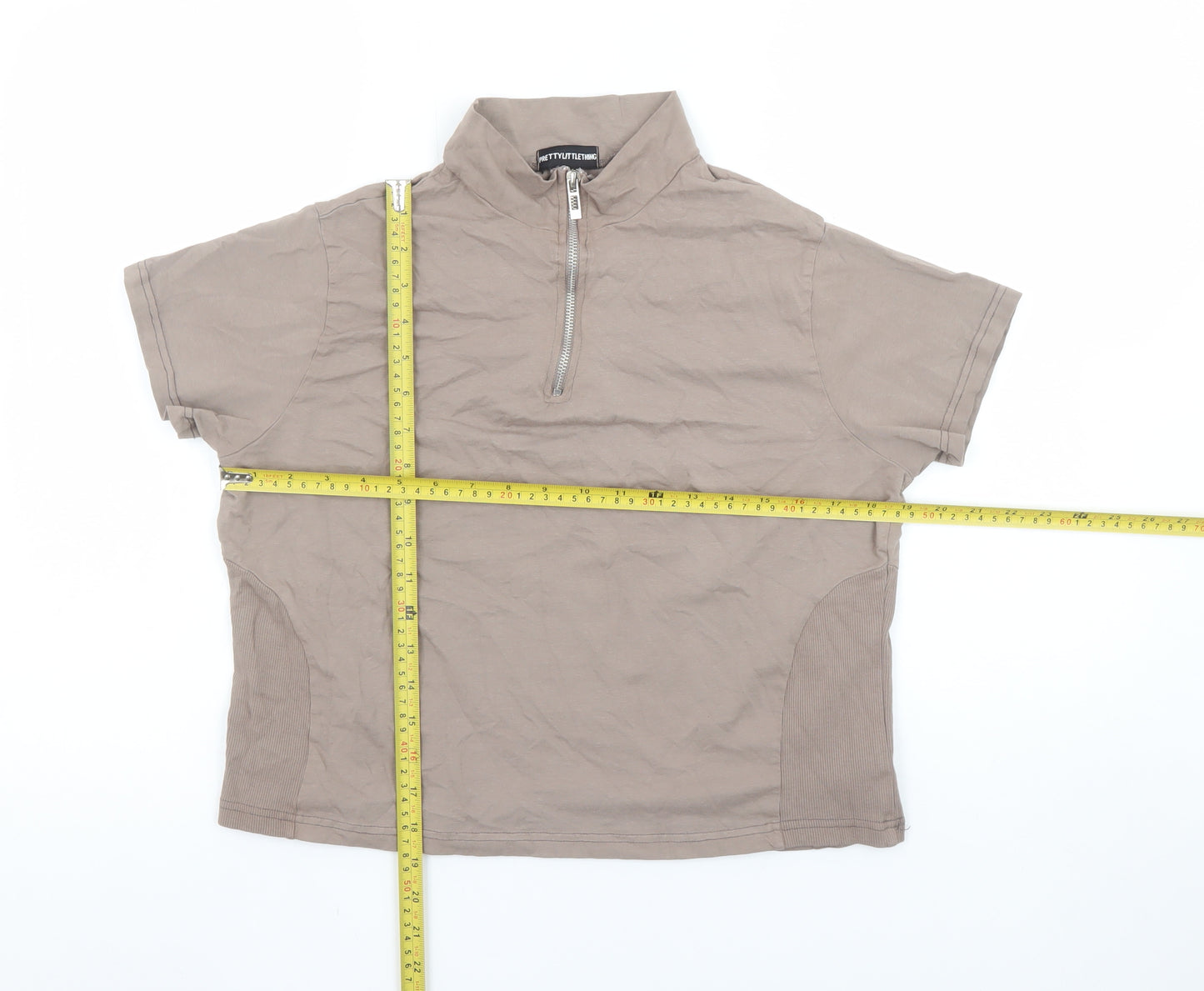 PrettyLittleThing Women's Beige XL High Neck Short Sleeve Zip Polo Top