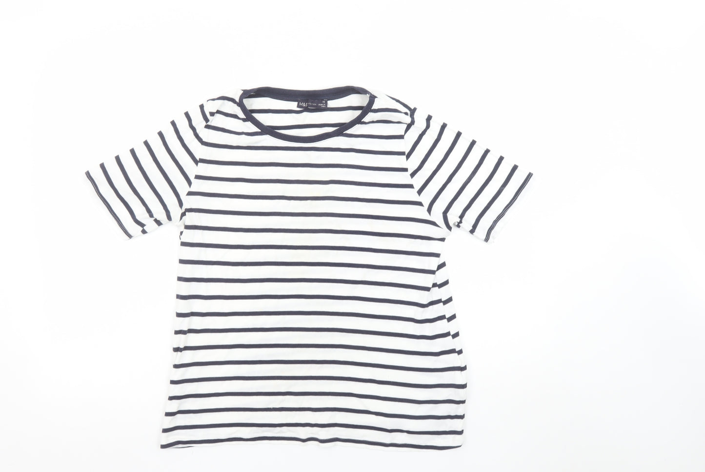 Marks and Spencer Women Navy Mix Stripe T-Shirt UK 16 Cotton Regular