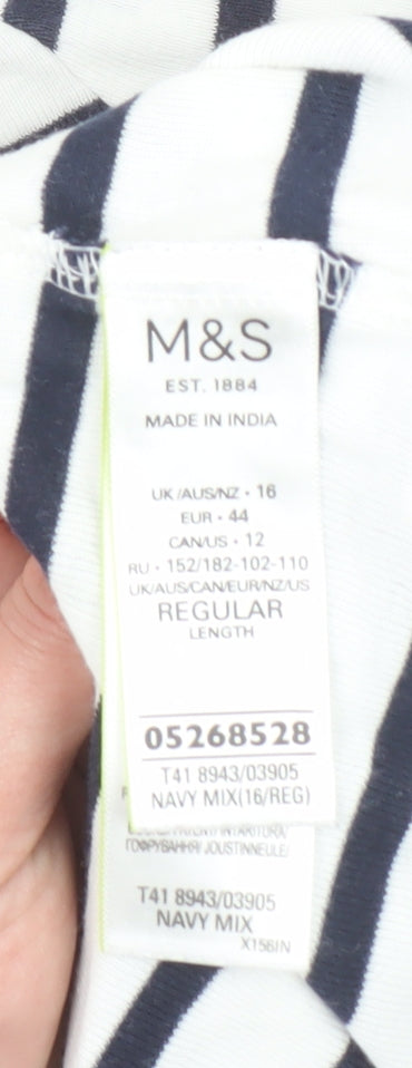 Marks and Spencer Women Navy Mix Stripe T-Shirt UK 16 Cotton Regular
