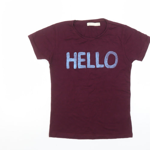 Zara Women Brown Hello Goodbye Embroidered Cotton T-Shirt Size 10