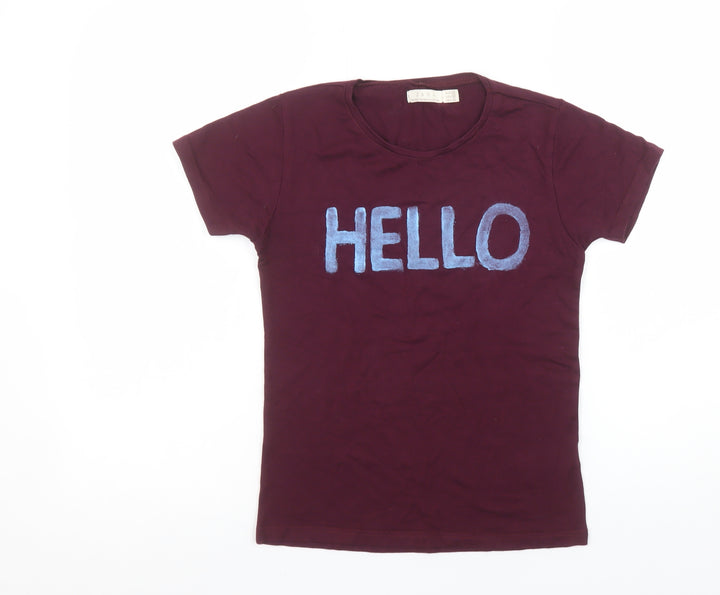 Zara Women Brown Hello Goodbye Embroidered Cotton T-Shirt Size 10