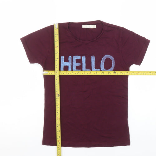 Zara Women Brown Hello Goodbye Embroidered Cotton T-Shirt Size 10
