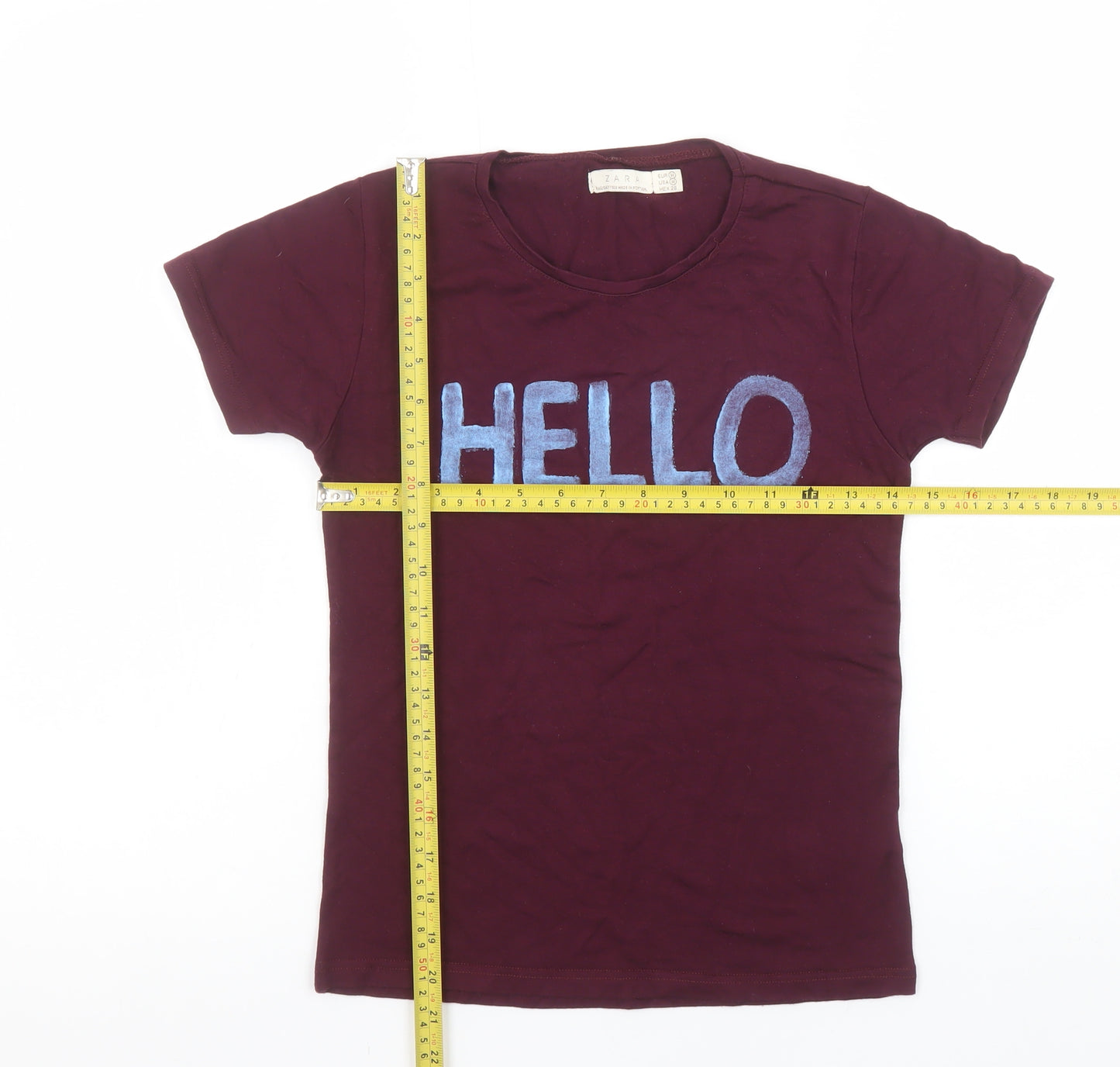 Zara Women Brown Hello Goodbye Embroidered Cotton T-Shirt Size 10