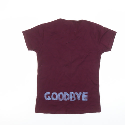 Zara Women Brown Hello Goodbye Embroidered Cotton T-Shirt Size 10