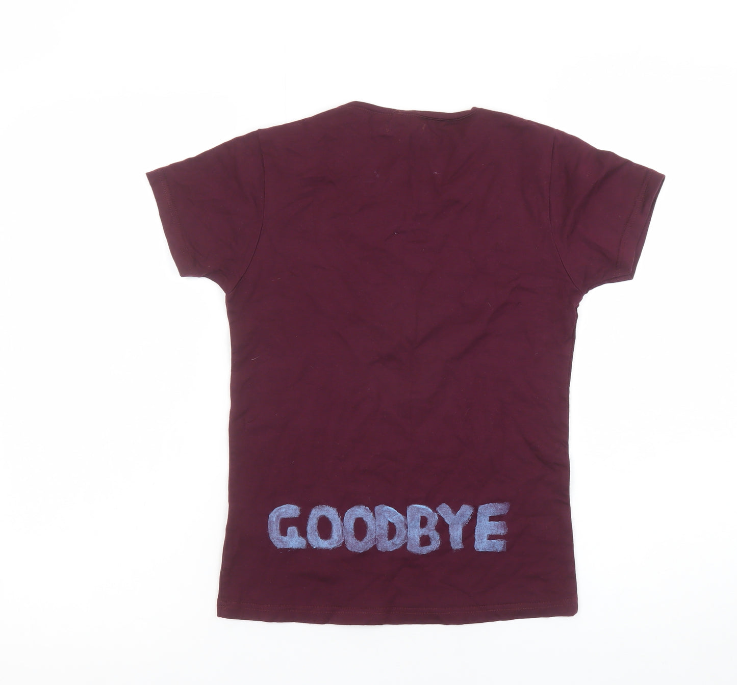 Zara Women Brown Hello Goodbye Embroidered Cotton T-Shirt Size 10