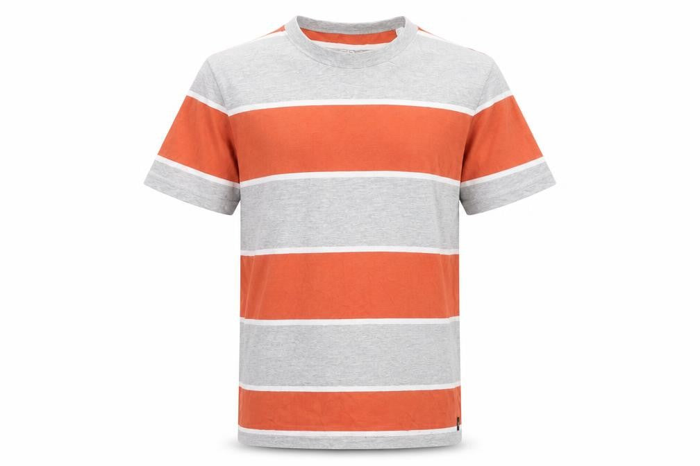 Front view of ESPRIT Men’s Grey and Orange Striped T-Shirt, size L, Regular Fit