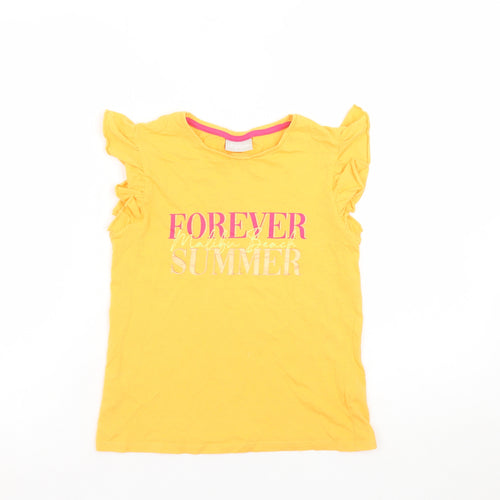 Matalan Girls Yellow Summer Graphic Ruffle Sleeve Cotton T-Shirt - 9 Years