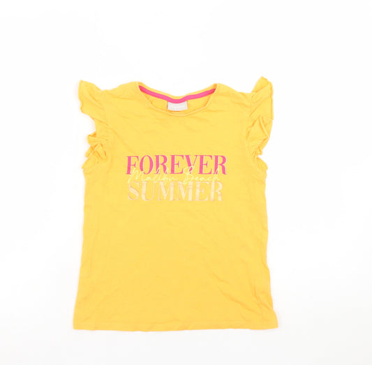 Matalan Girls Yellow Summer Graphic Ruffle Sleeve Cotton T-Shirt - 9 Years