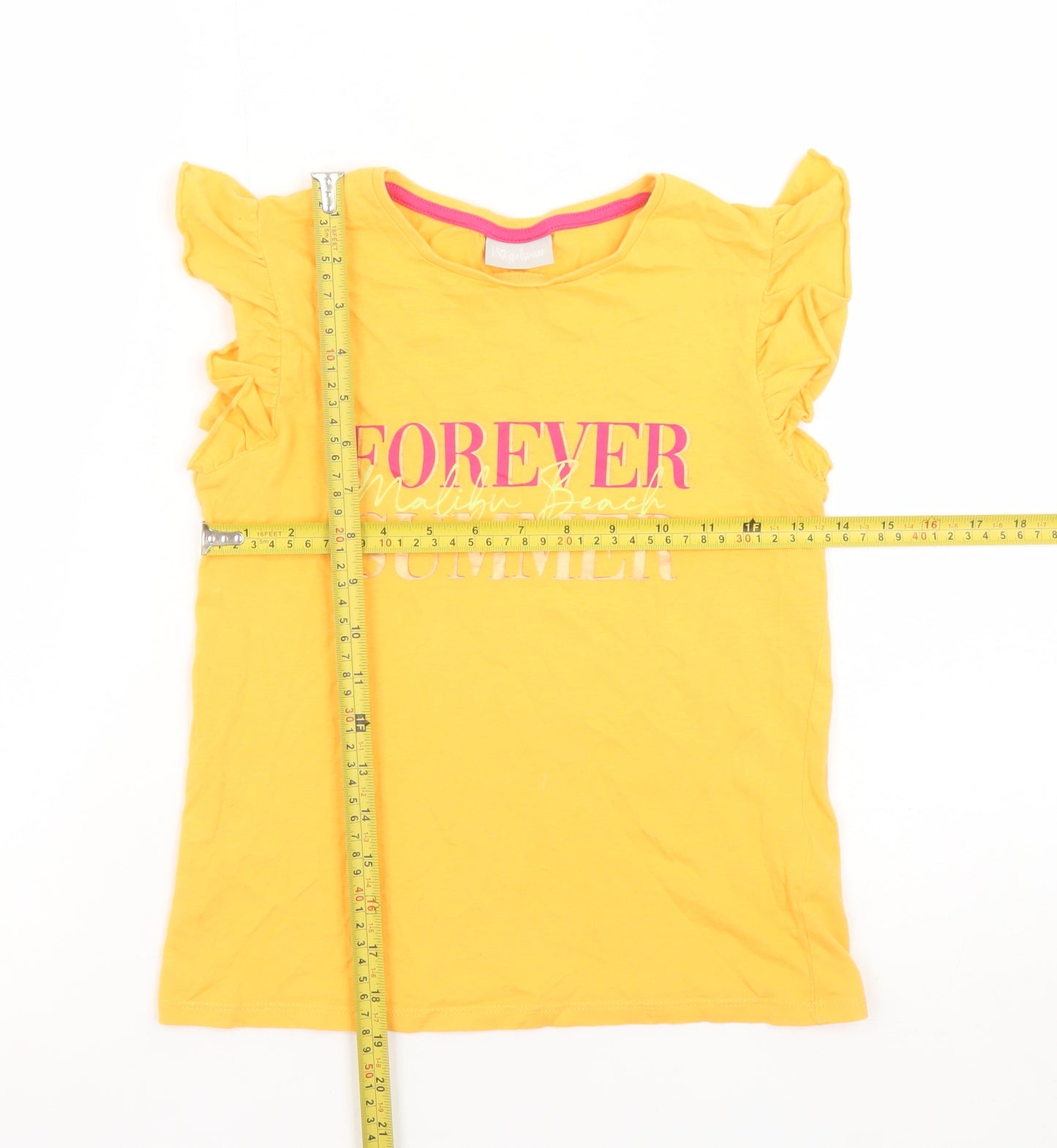 Matalan Girls Yellow Summer Graphic Ruffle Sleeve Cotton T-Shirt - 9 Years