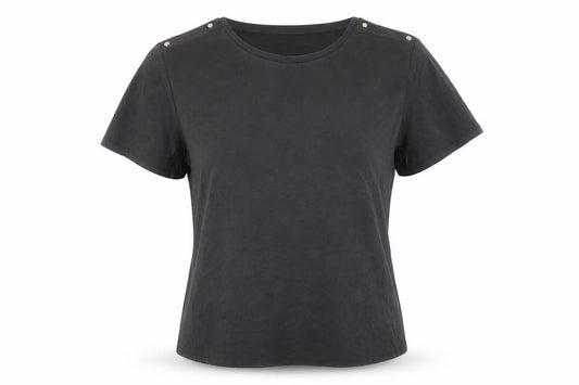 Front view of Oasis women’s black short sleeve basic t-shirt, size L, modal blend
