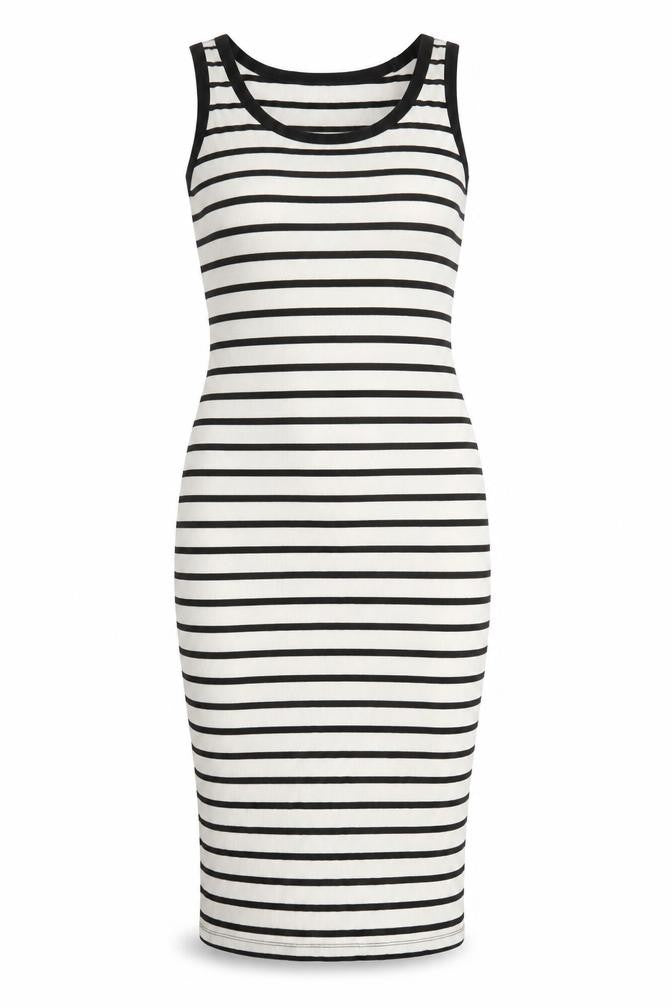 Front view of ASOS Design women’s black white stripe tank dress, size UK 14