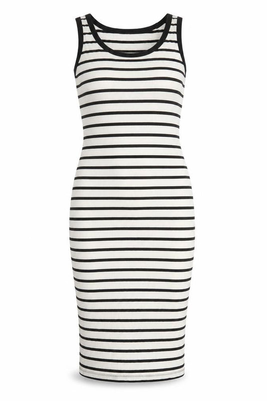 Front view of ASOS Design women’s black white stripe tank dress, size UK 14