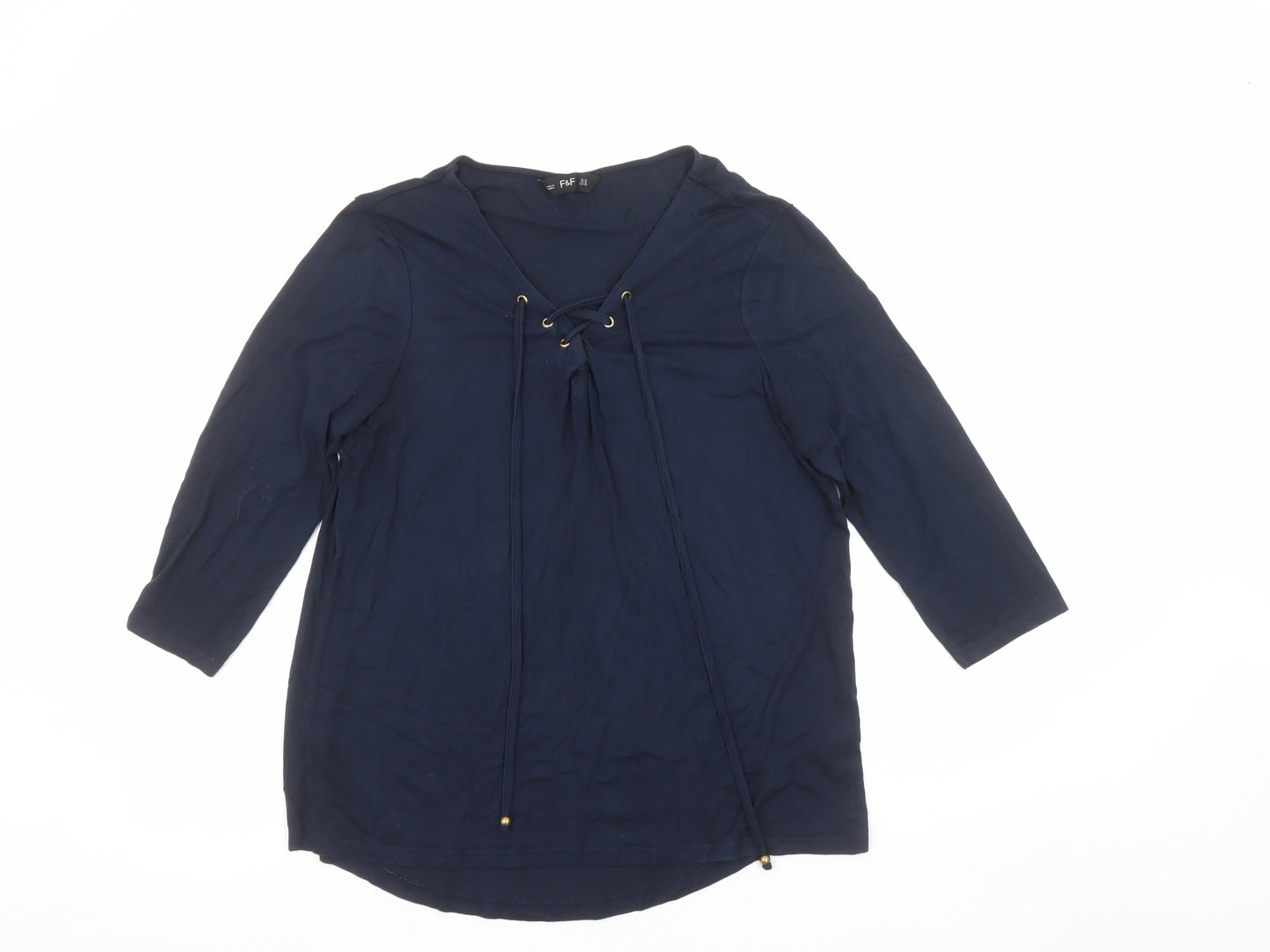 F&F Women's Blue Viscose Tunic Blouse UK 14 V-Neck 3/4 Sleeve