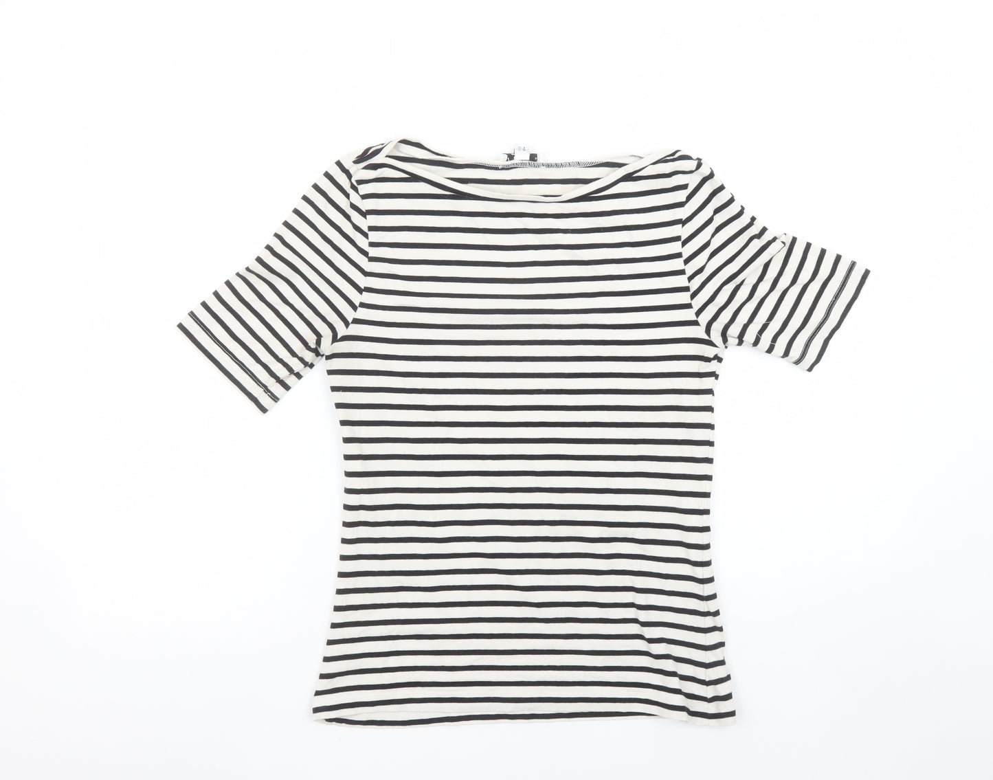 Warehouse Women’s Black White Striped Boat Neck Cotton T-Shirt Size 10