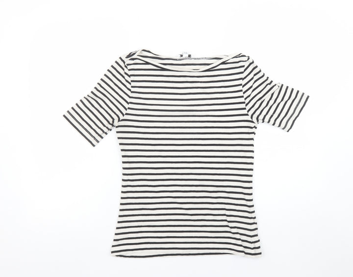 Warehouse Women’s Black White Striped Boat Neck Cotton T-Shirt Size 10